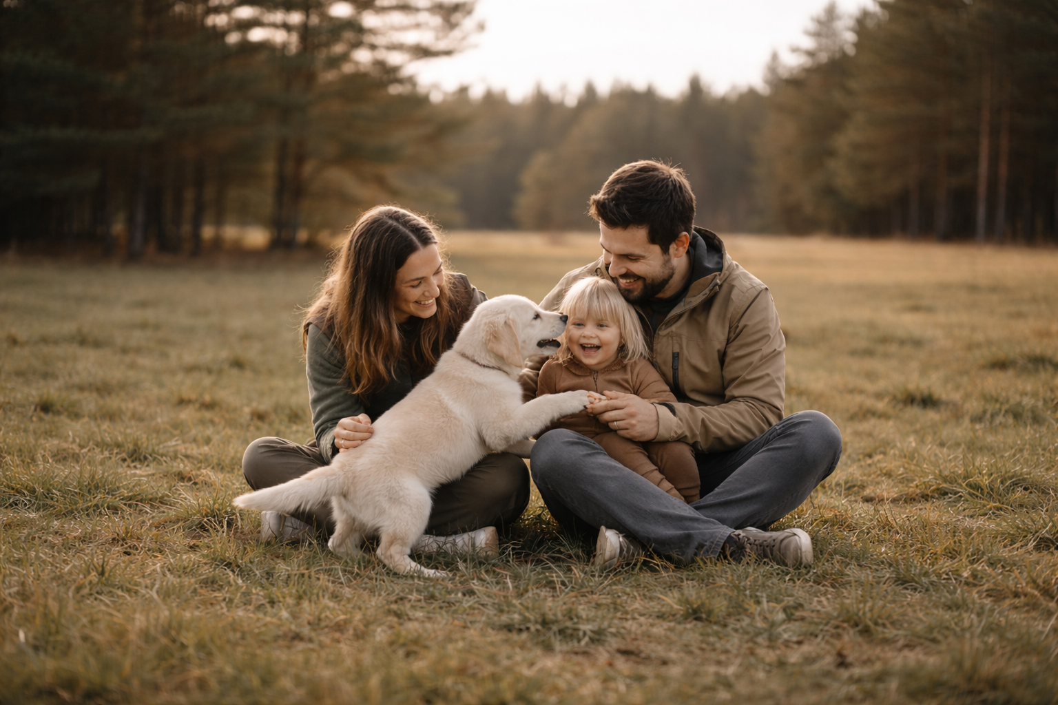 Familie med valp i naturen